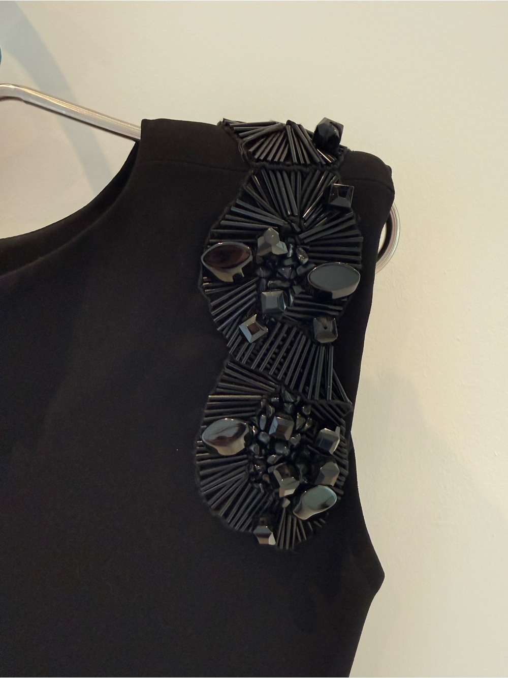 Black Beaded Embellished Midi Dress with Statement Shoulder